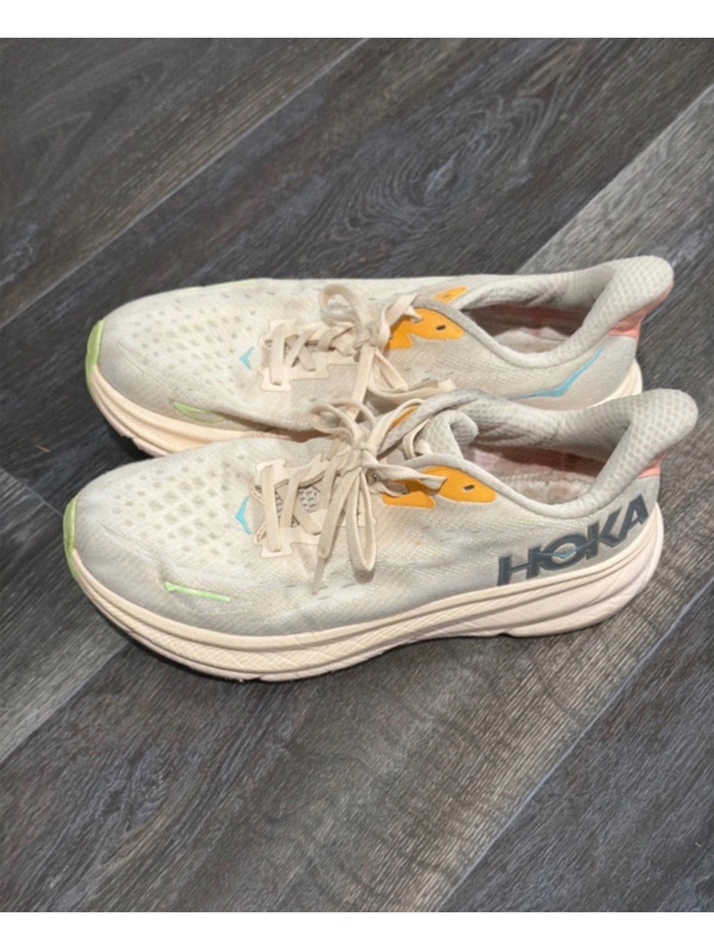 Hoka One One Clifton Running Shoes Size 9.5 US Beige with Yellow and Blue Accnts